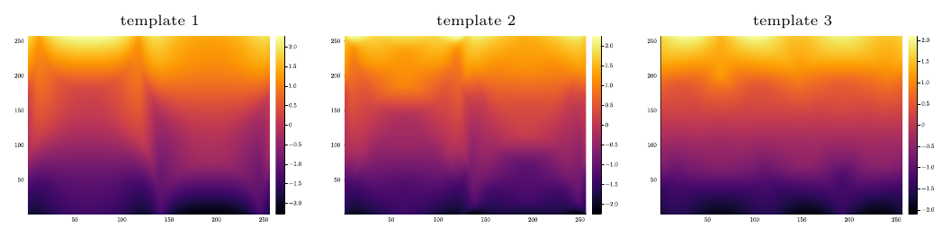Figure 7: normalized Radon-CDT representations of three academic templates.