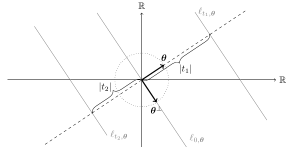 Figure 1: Radon-transform geometry and integration along lines.