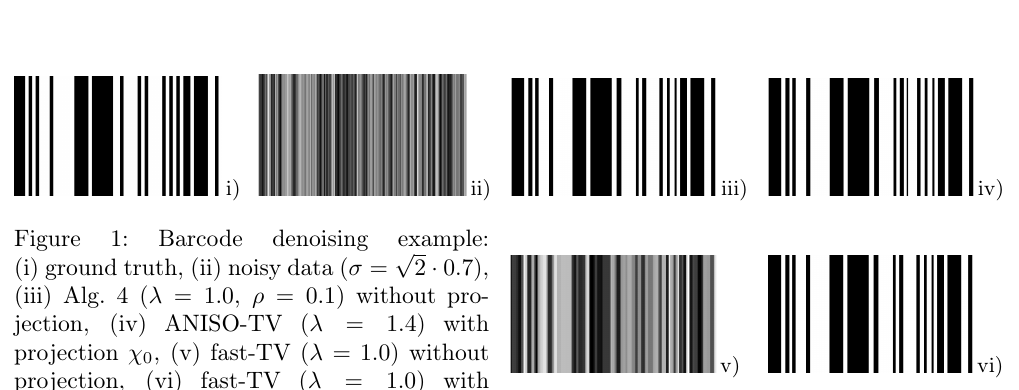 Figure 1: a barcode denoising example comparing the restoration methods.