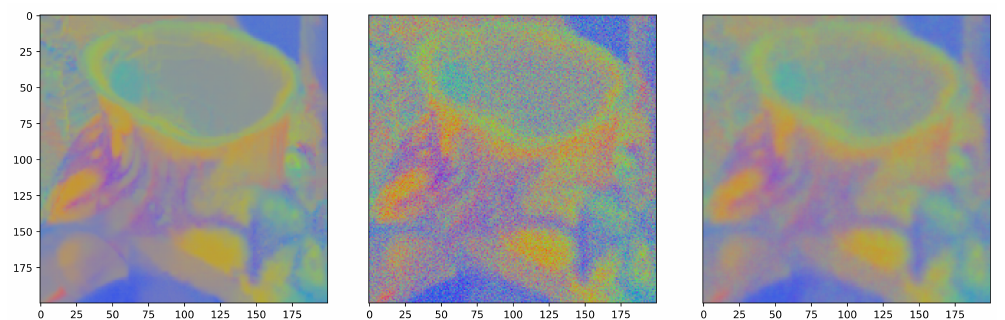 Figure 6: clean, noisy and restored RGB chromaticity of the coral image.